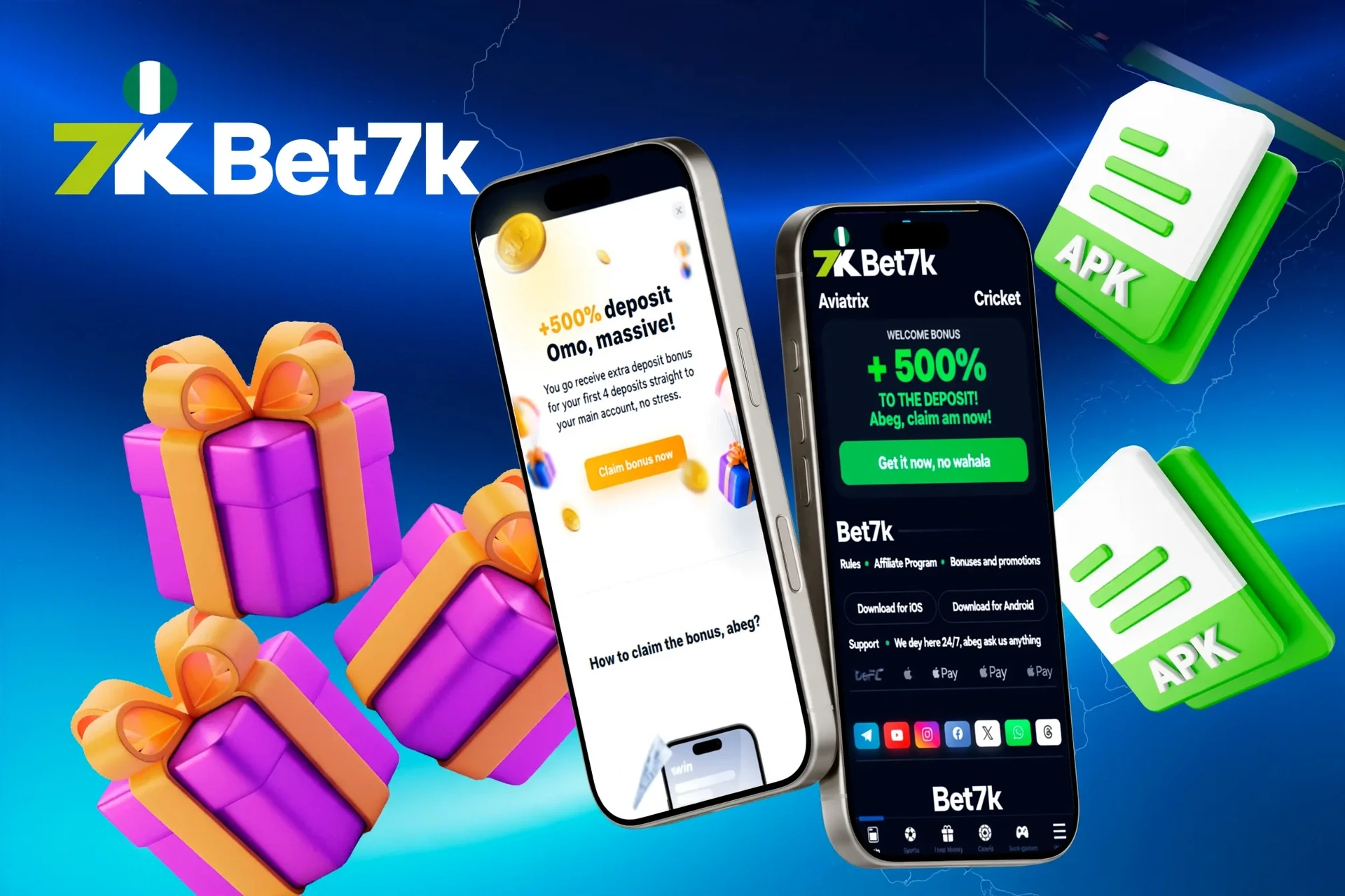 Bet7K mobile app promotion with 300% first deposit bonus and gift box illustration