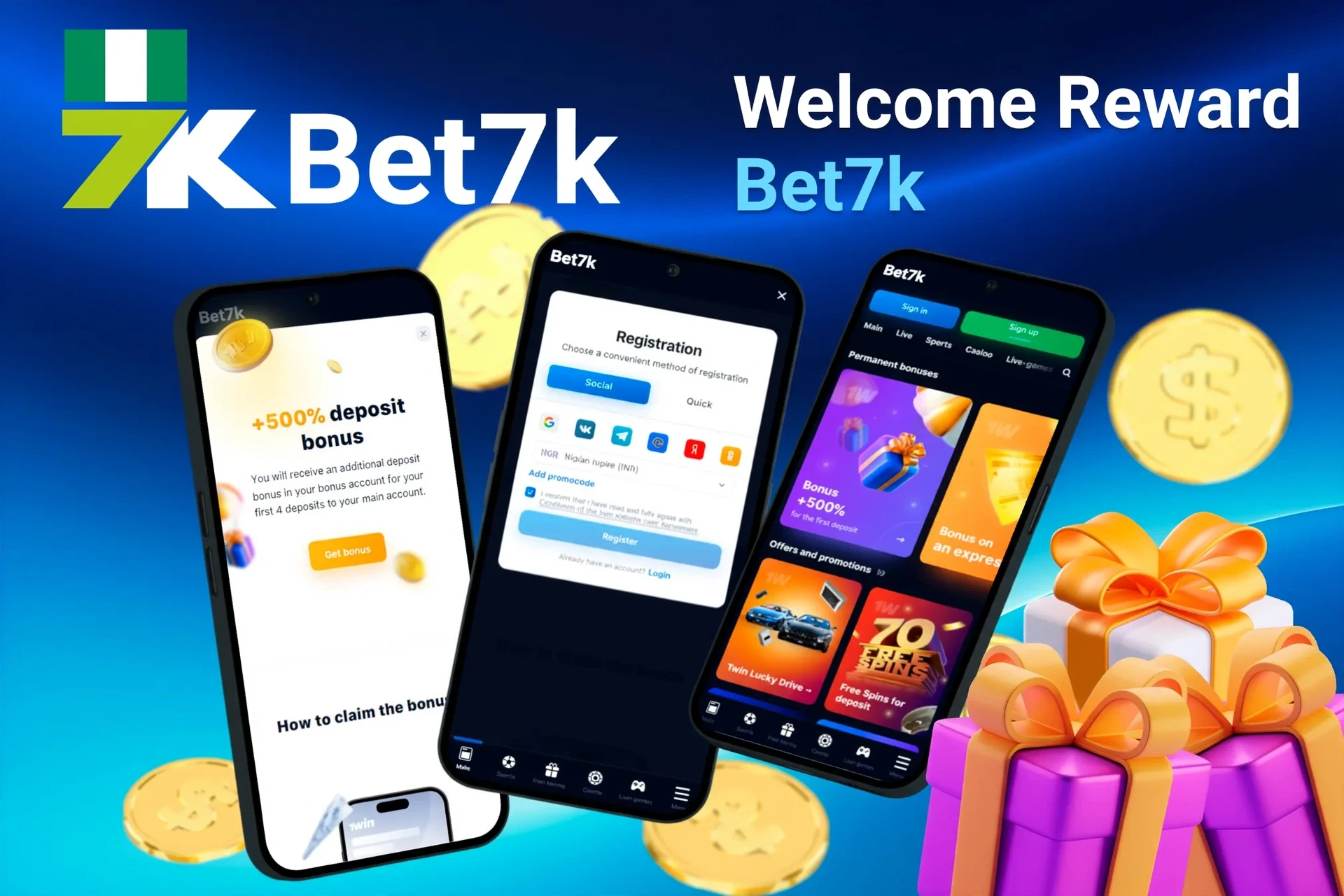 Mobile screens displaying Bet7K registration and 300% deposit bonus with gift boxes