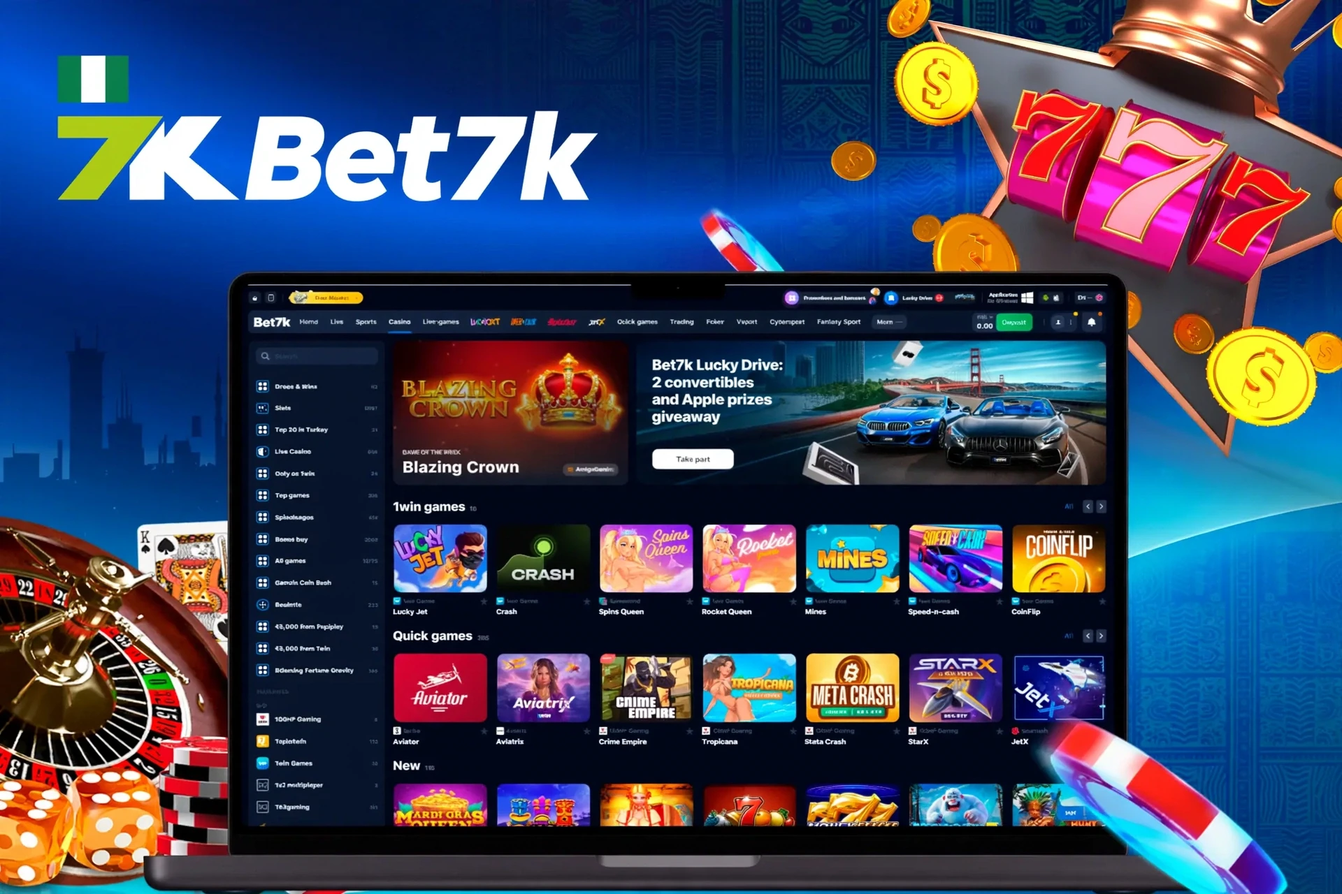 Bet7K casino homepage with assorted slot and crash games, including Lucky Jet and Blazing Crown