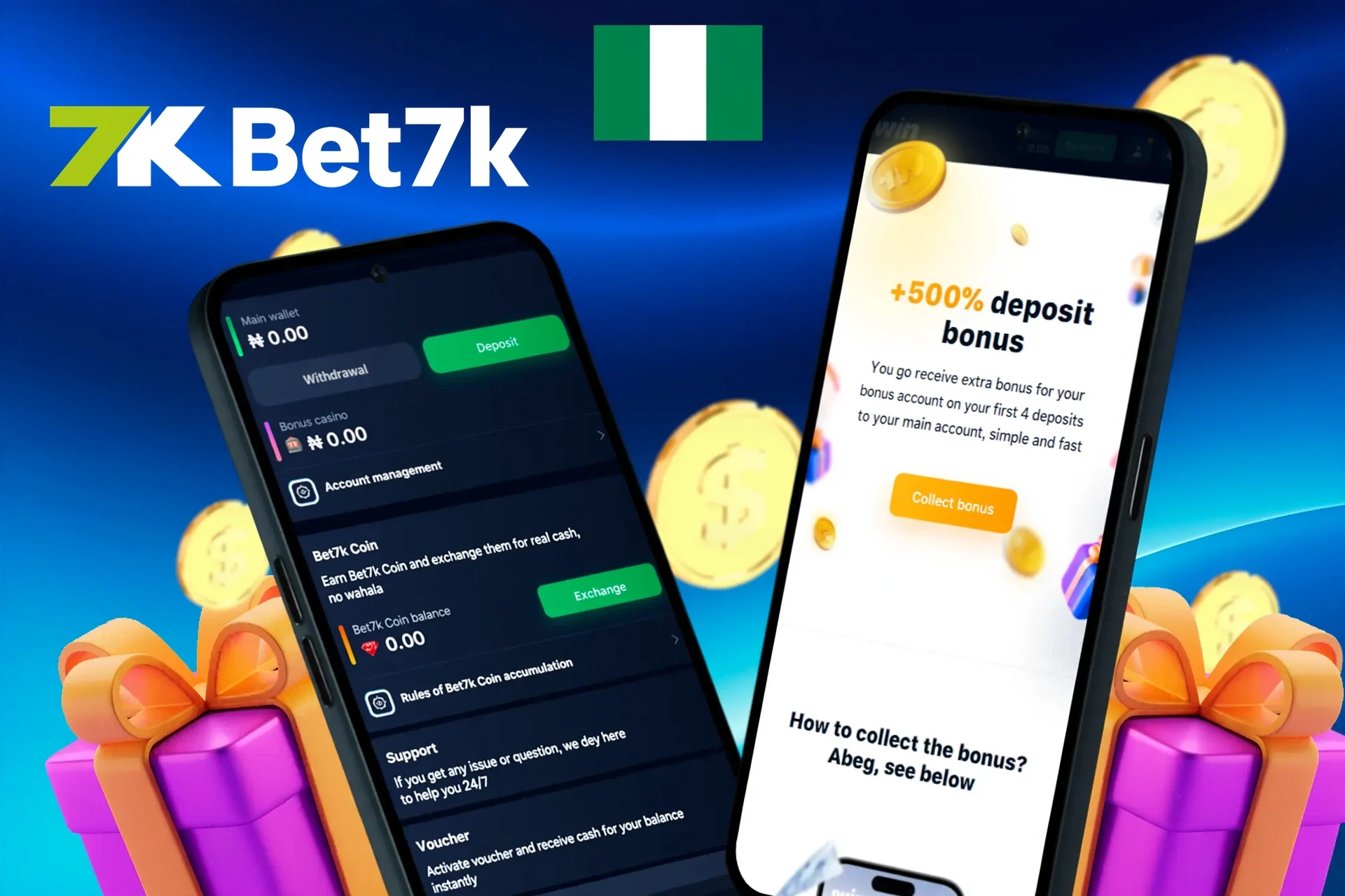 deposit and withdrawal screen showing wallet balance, account management options, and a 300% deposit bonus offer