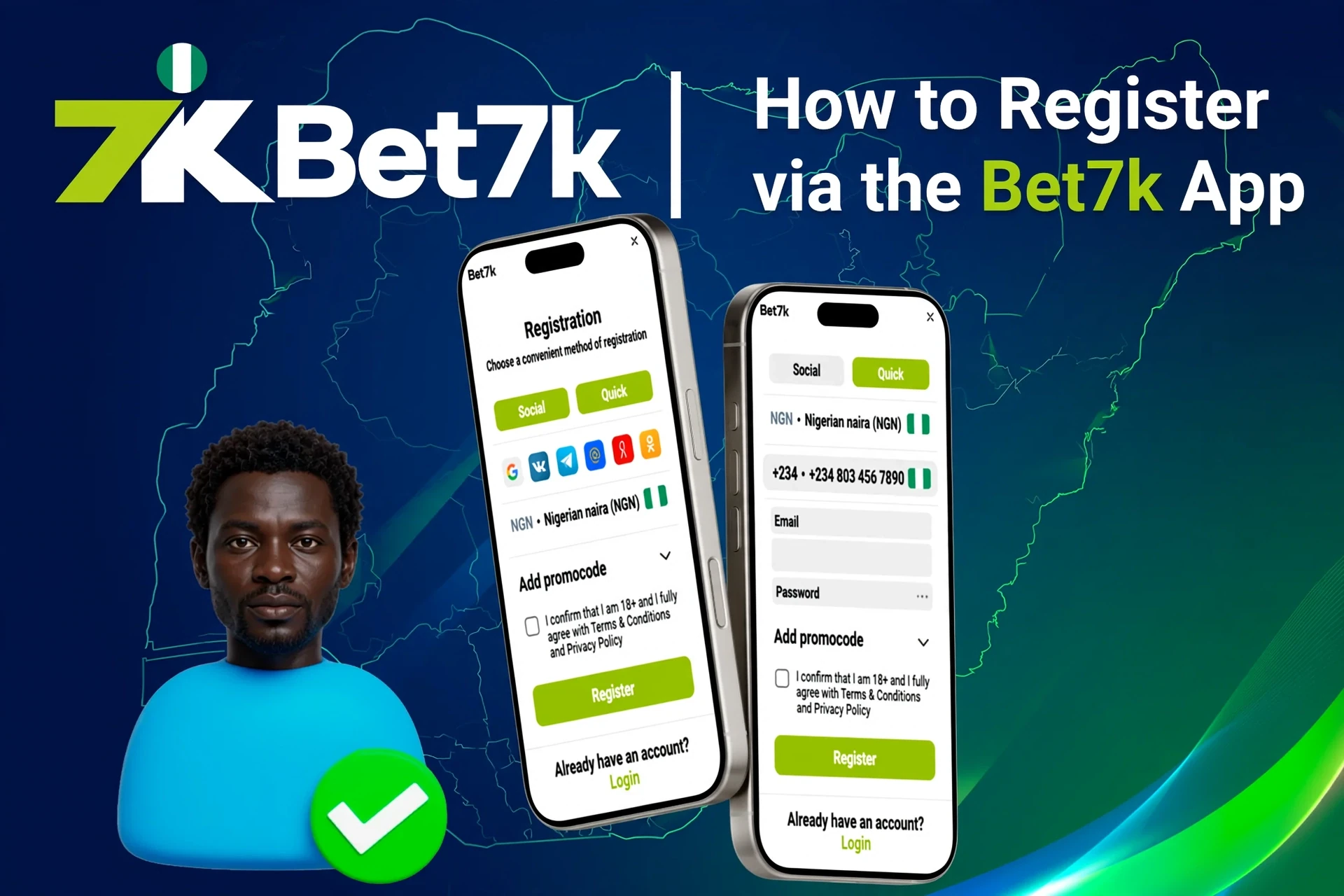 Registration process on the Bet7K mobile app with social login options