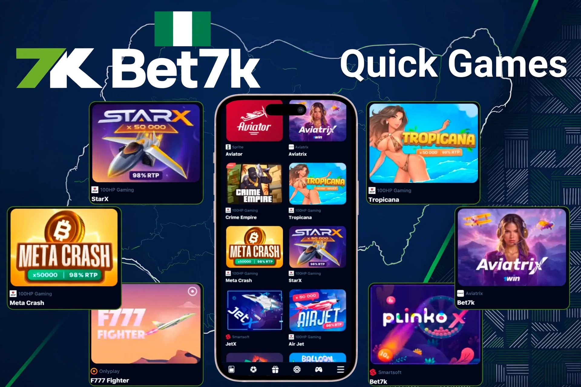 Quick play titles such as StarX, Tropicana, Meta Crash, and PlinkoX highlighted on Bet7K mobile