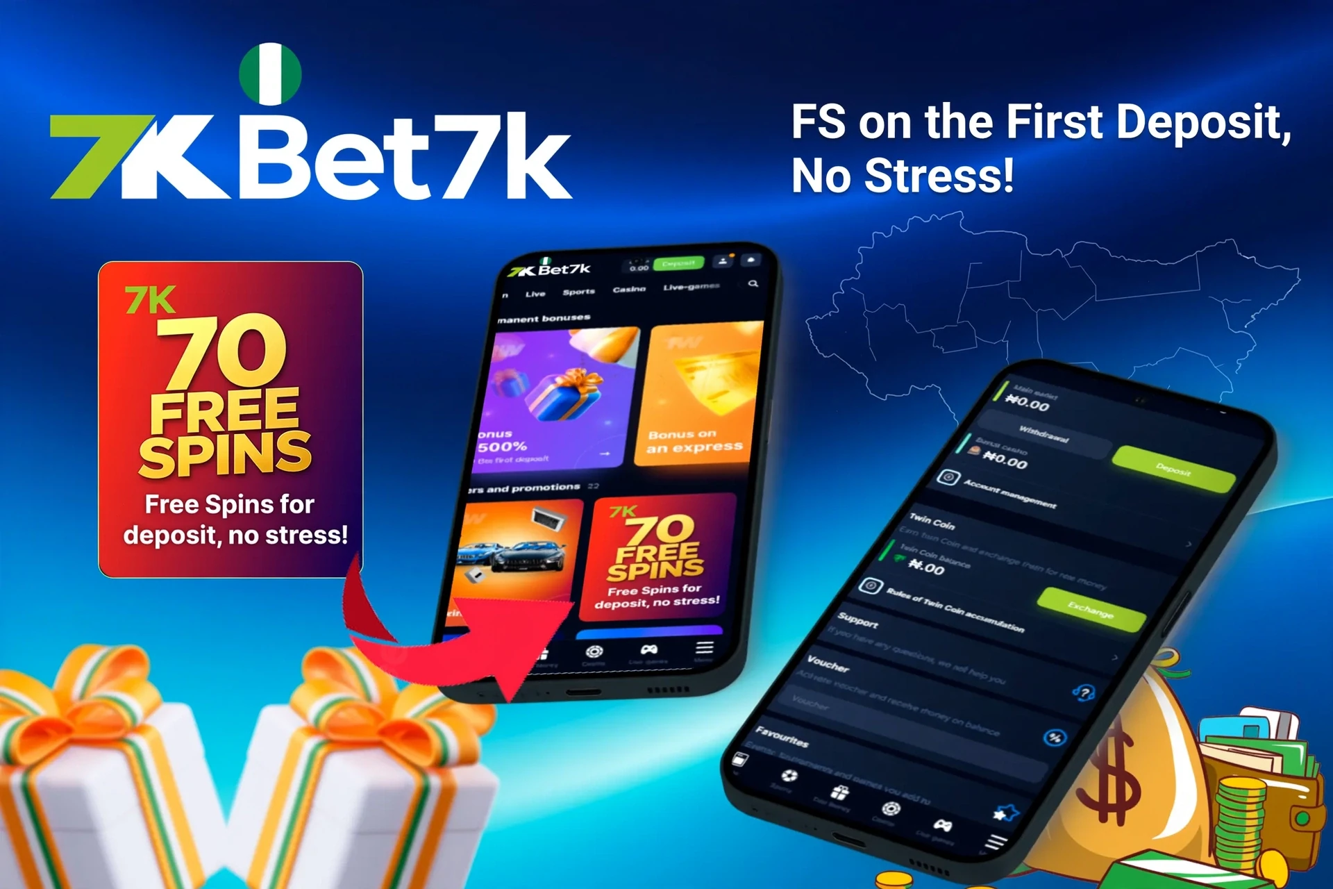 Mobile app showing casino game offers like loyalty program and free spins with poker chips and cards