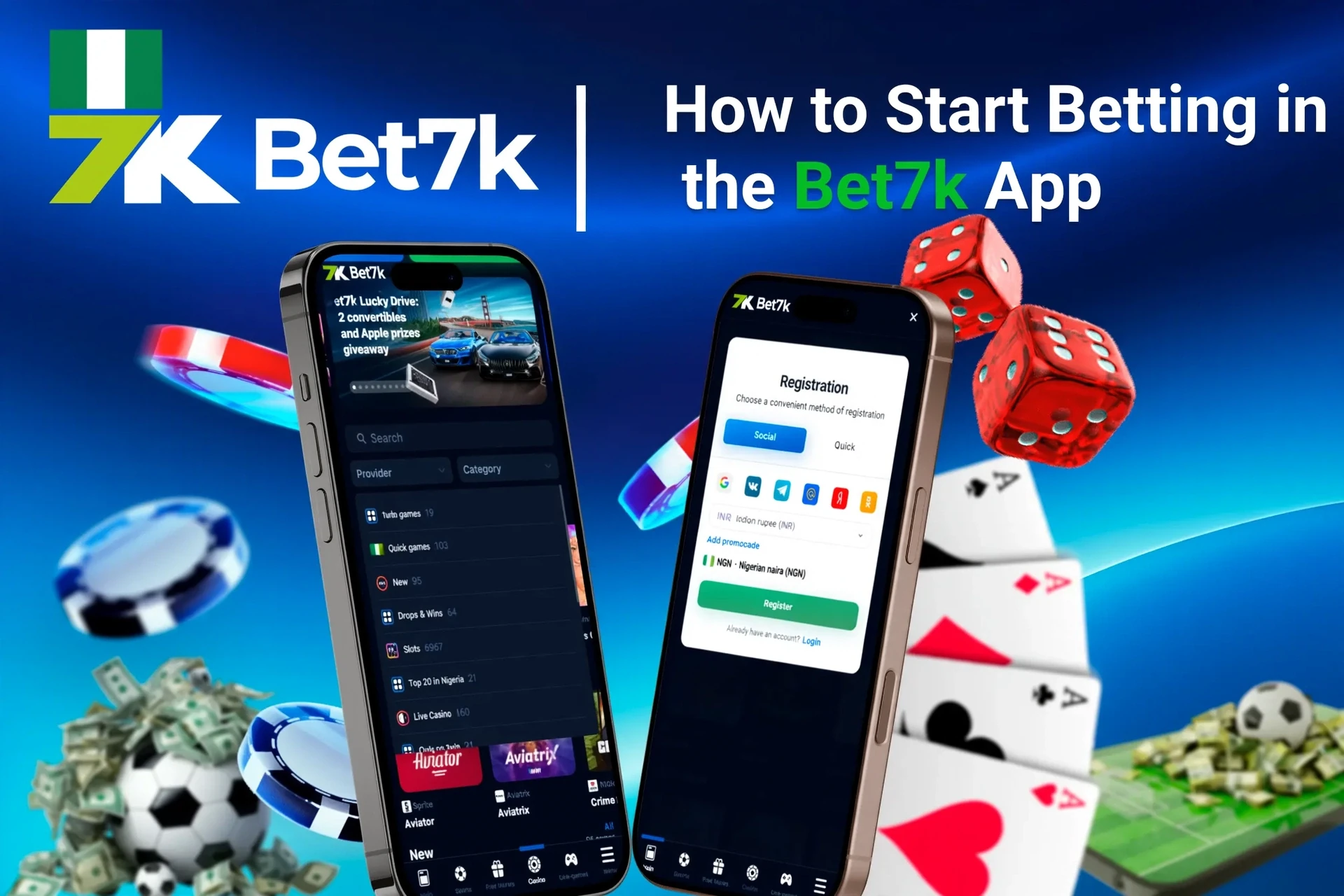 Step-by-step guide to starting betting on the app, with registration and game selection shown on mobile screens