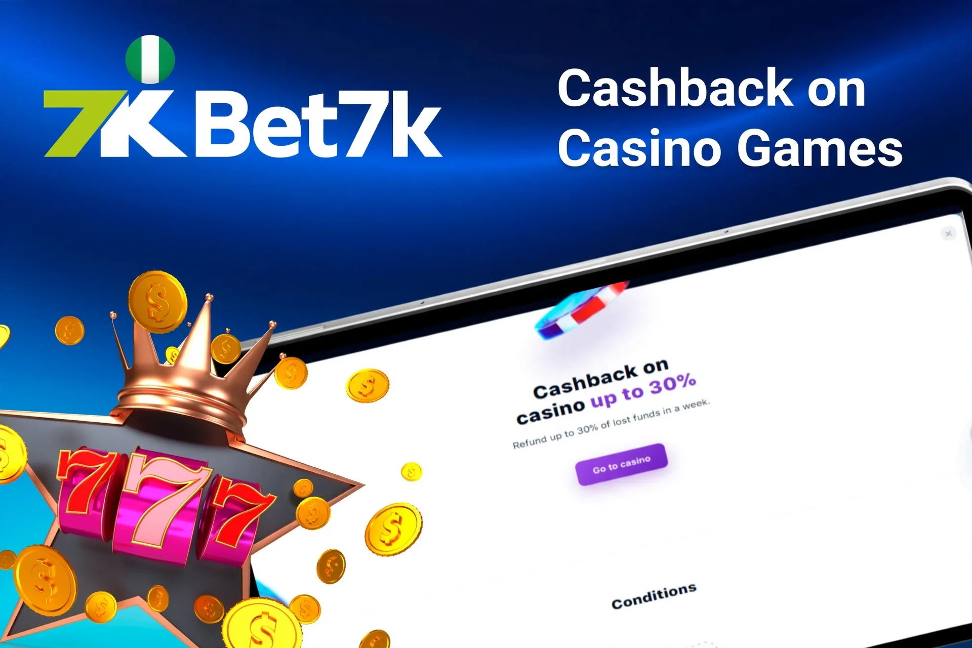 Mobile app with Bet7K poker rakeback offer up to 50%, red dice, and playing cards