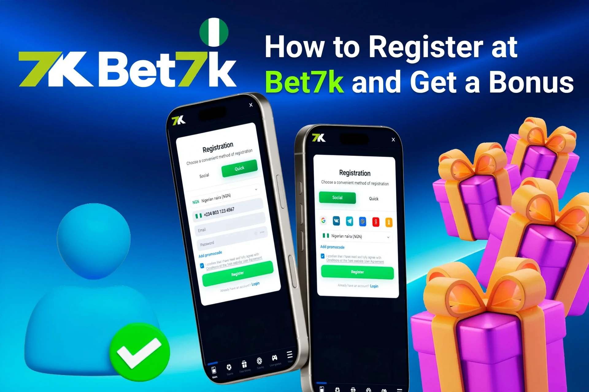 Mobile registration page for Bet7K showing bonus offers with purple and gold gift boxes