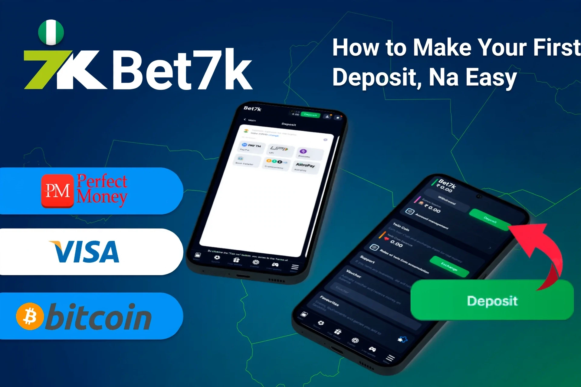 Mobile app displaying deposit options such as Perfect Money, Visa and Bitcoin, with a deposit button