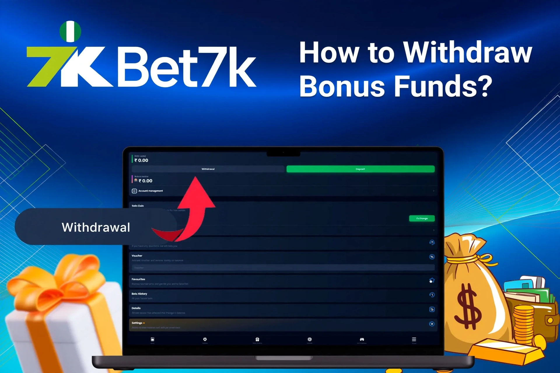 Laptop screen showing Bet7K withdrawal options with money bags and gift boxes in the background