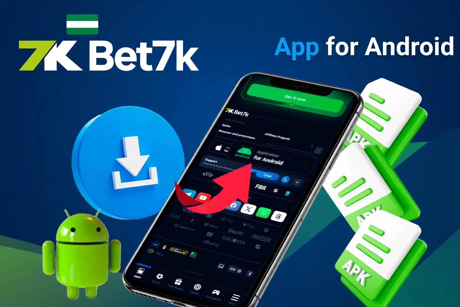 Bet7K Android app download process with APK file icons and Android mascot