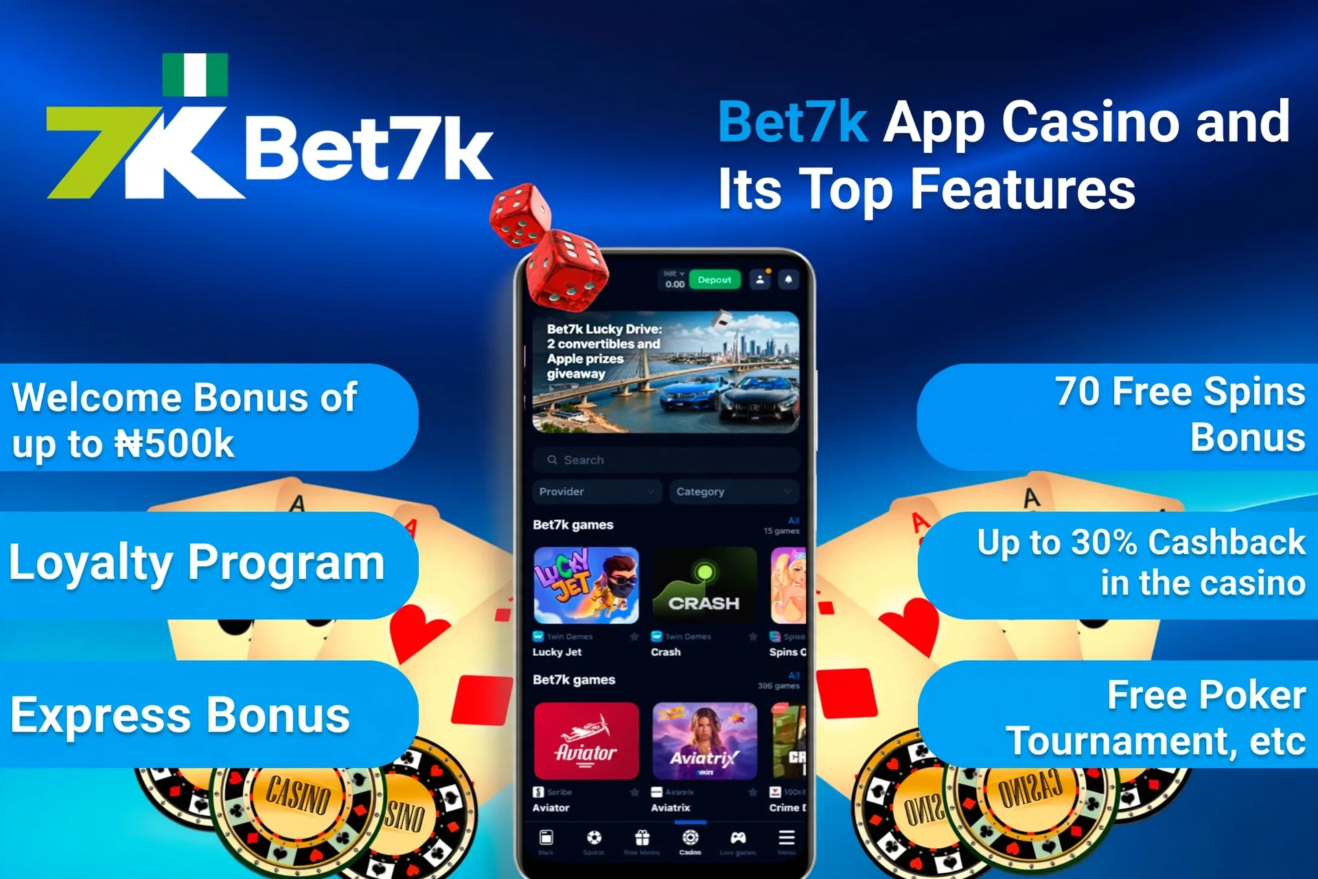Bet7K App Casino top features including welcome bonus, loyalty program, and express bonus on mobile interface