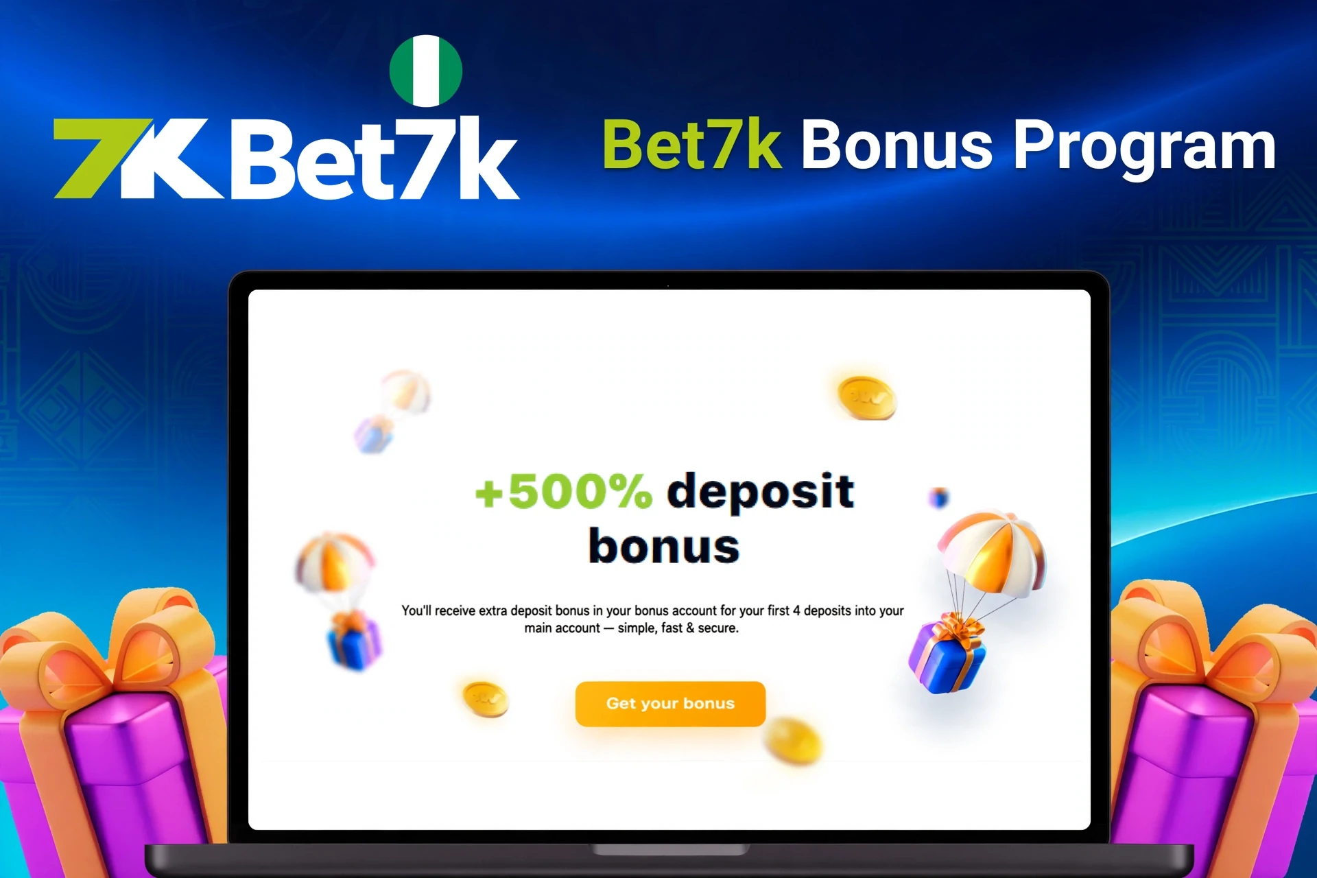 Laptop showing bonus offer of +300% deposit bonus with floating coins and gifts