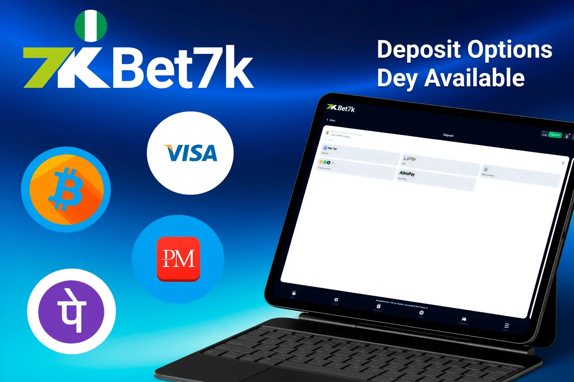 Deposit options available on Bet7K platform, including Bitcoin, Visa, Bank Transfer, and Perfect Money, displayed on a tablet