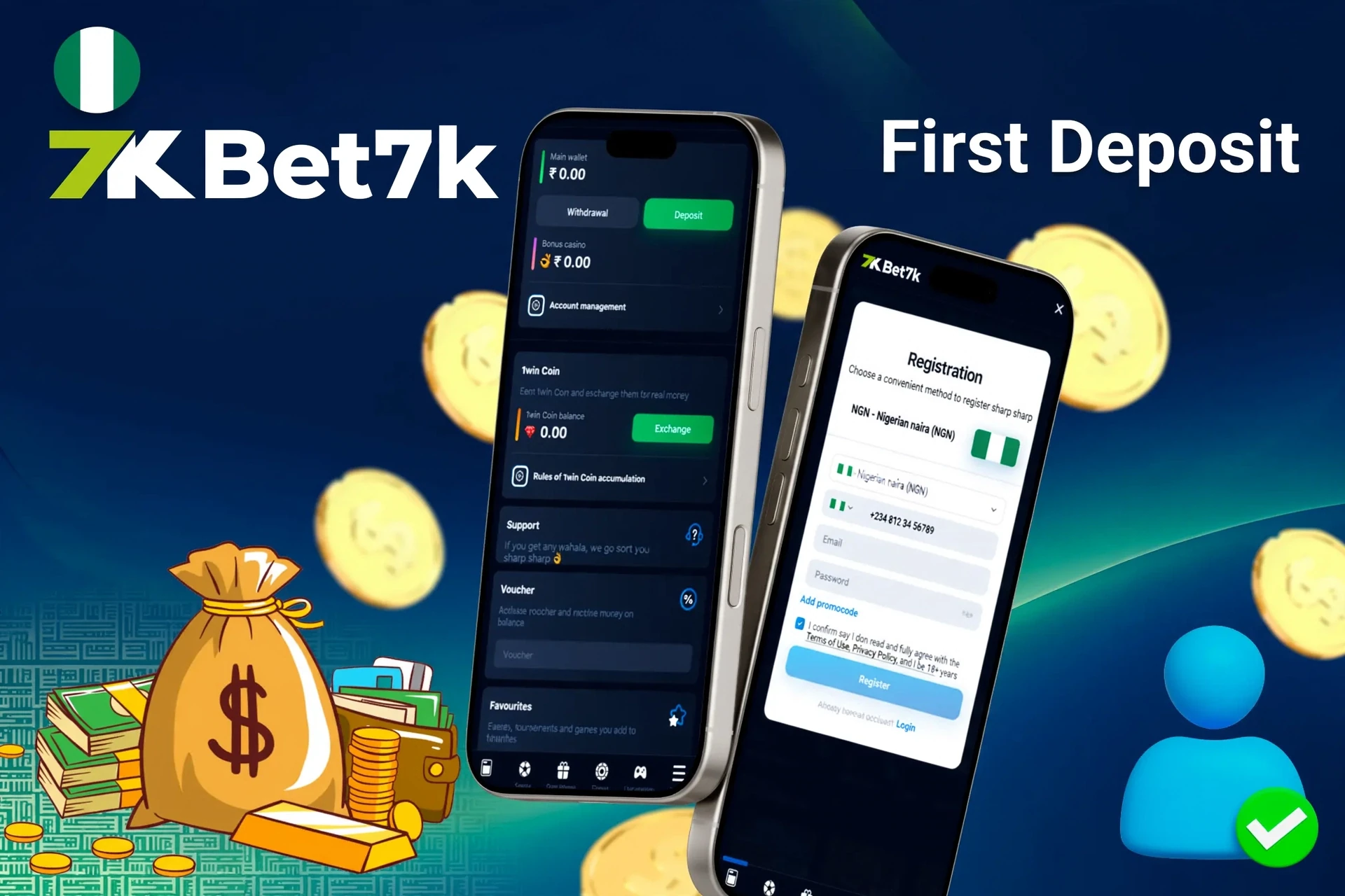 mobile interface showing steps to make the first deposit, with icons for payment options and bonus registration