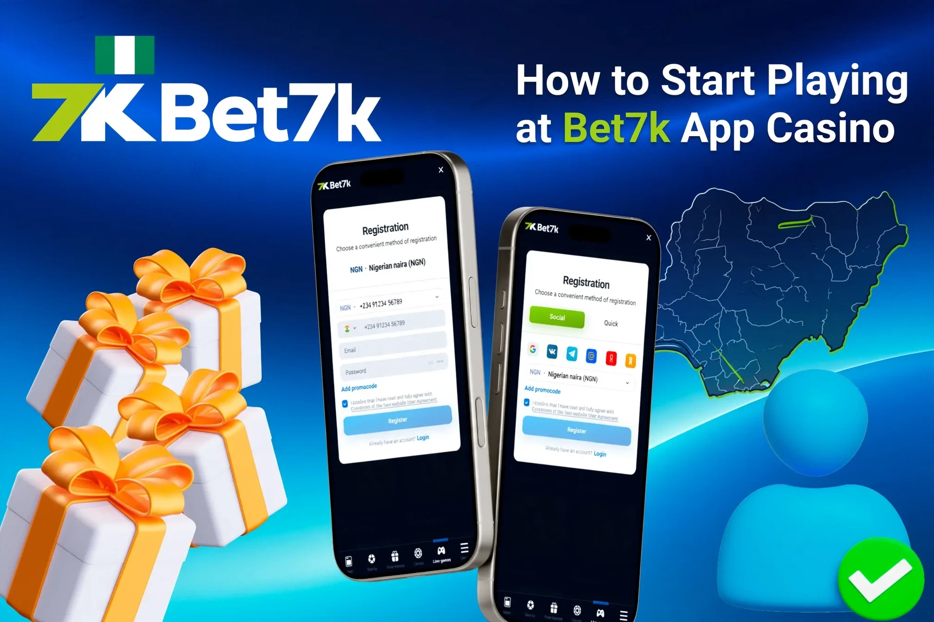 Bet7K app registration screen on mobile with easy-to-follow steps and gift box icons