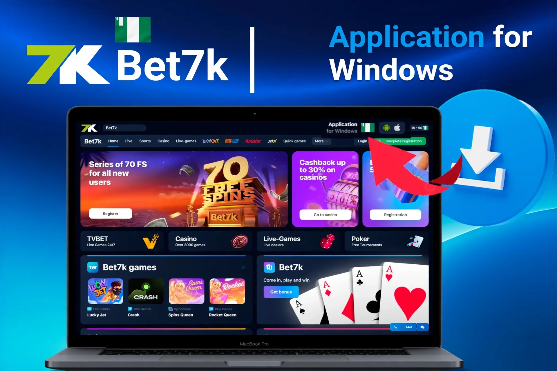Bet7K Windows application with download instructions and promotional banner