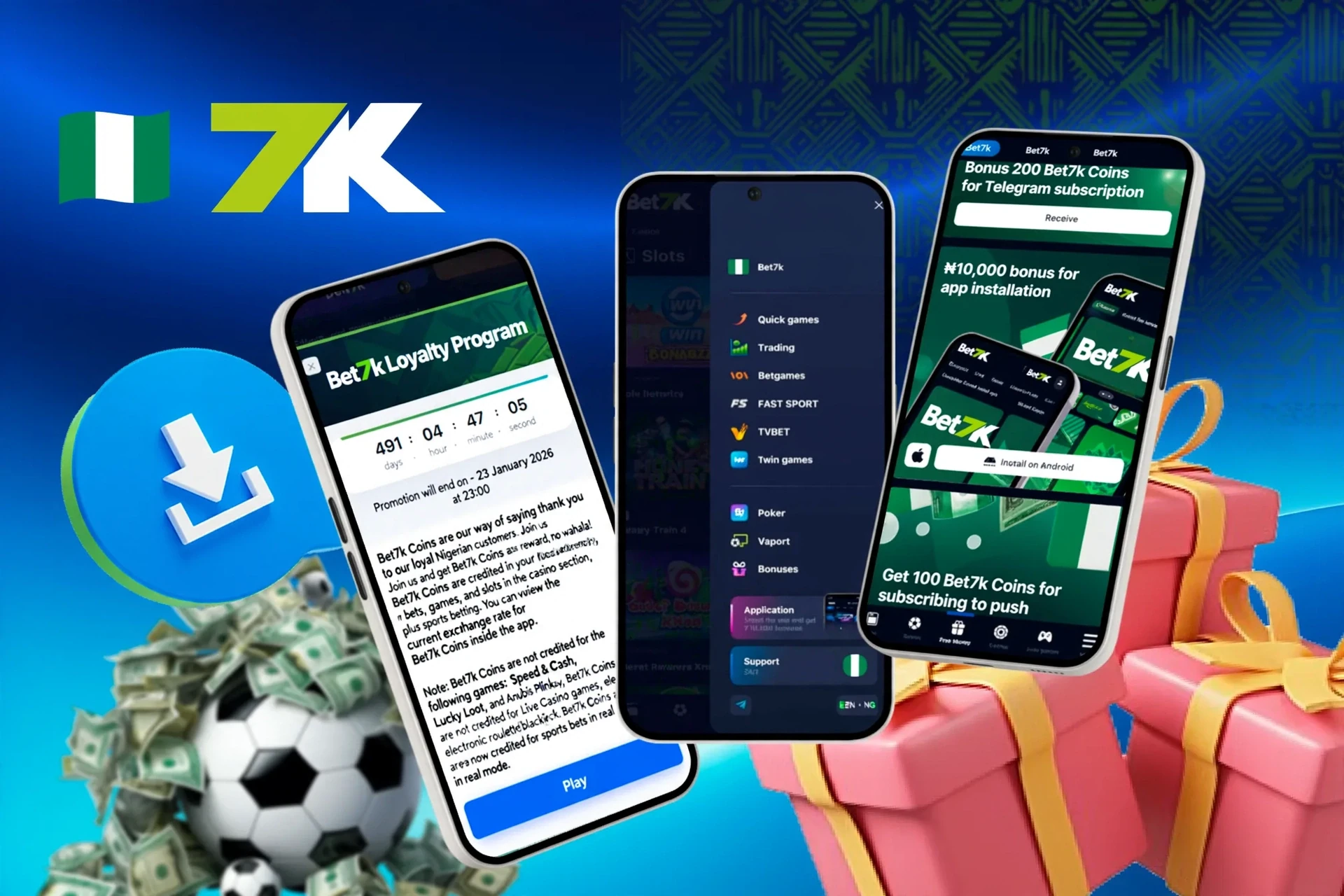 Mobile screens showing loyalty program, app installation bonus, and football icon with download button