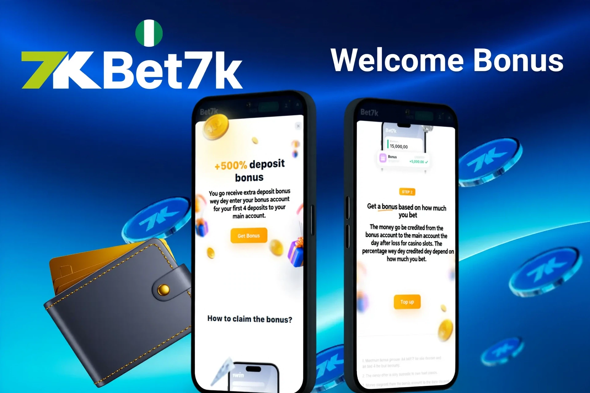 Bet7K welcome bonus screen with +300% deposit bonus for first deposit, displayed on two mobile screens