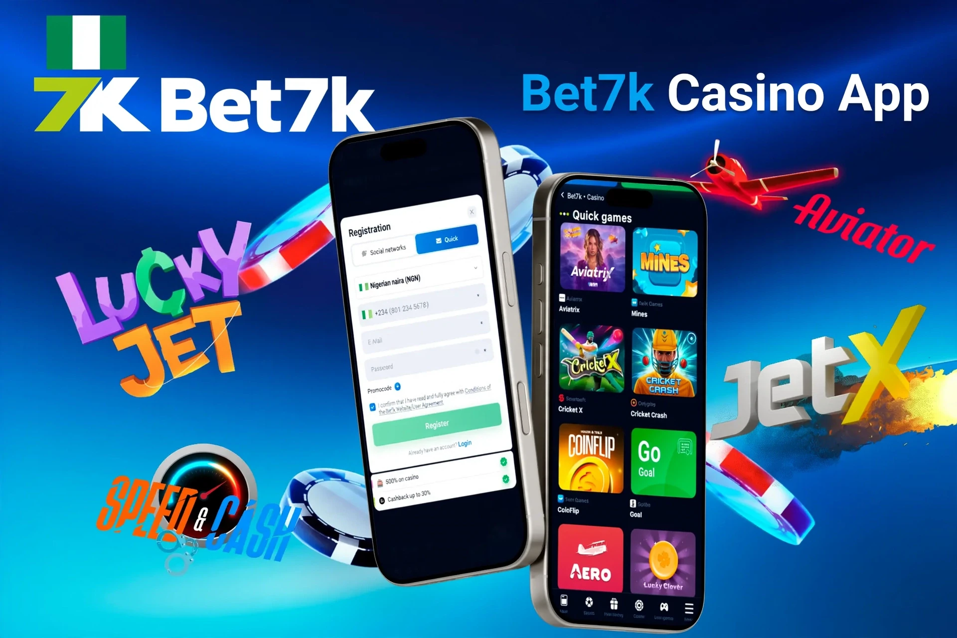 Bet7K Casino app registration screen with quick games like Aviatrix and JetX
