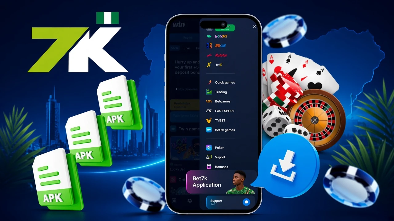 Bet7K app with APK file icons and casino chips illustrating mobile access to Bet7K games