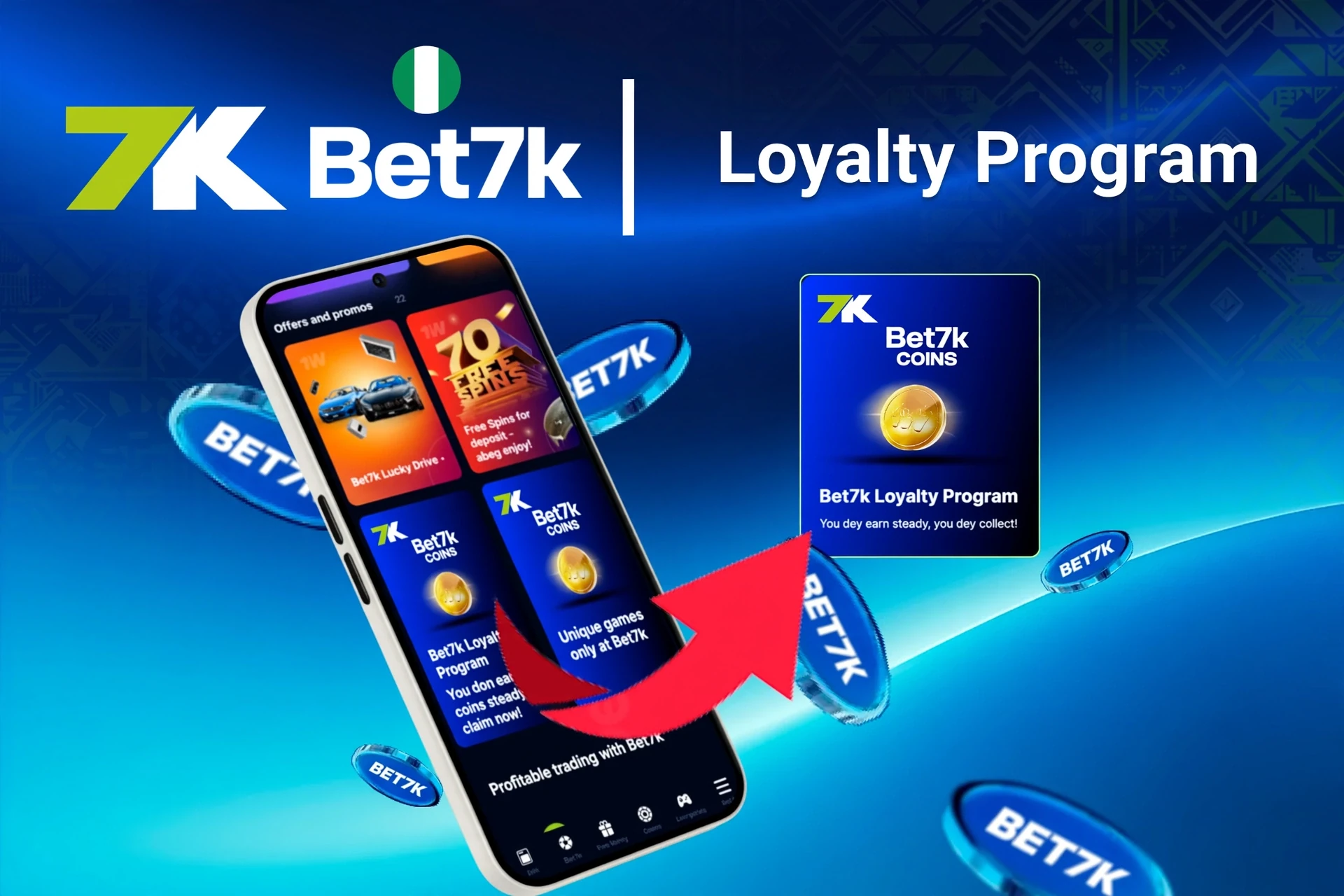 Mobile app showing Bet7K loyalty program and offers like free spins and Lucky Drive.
