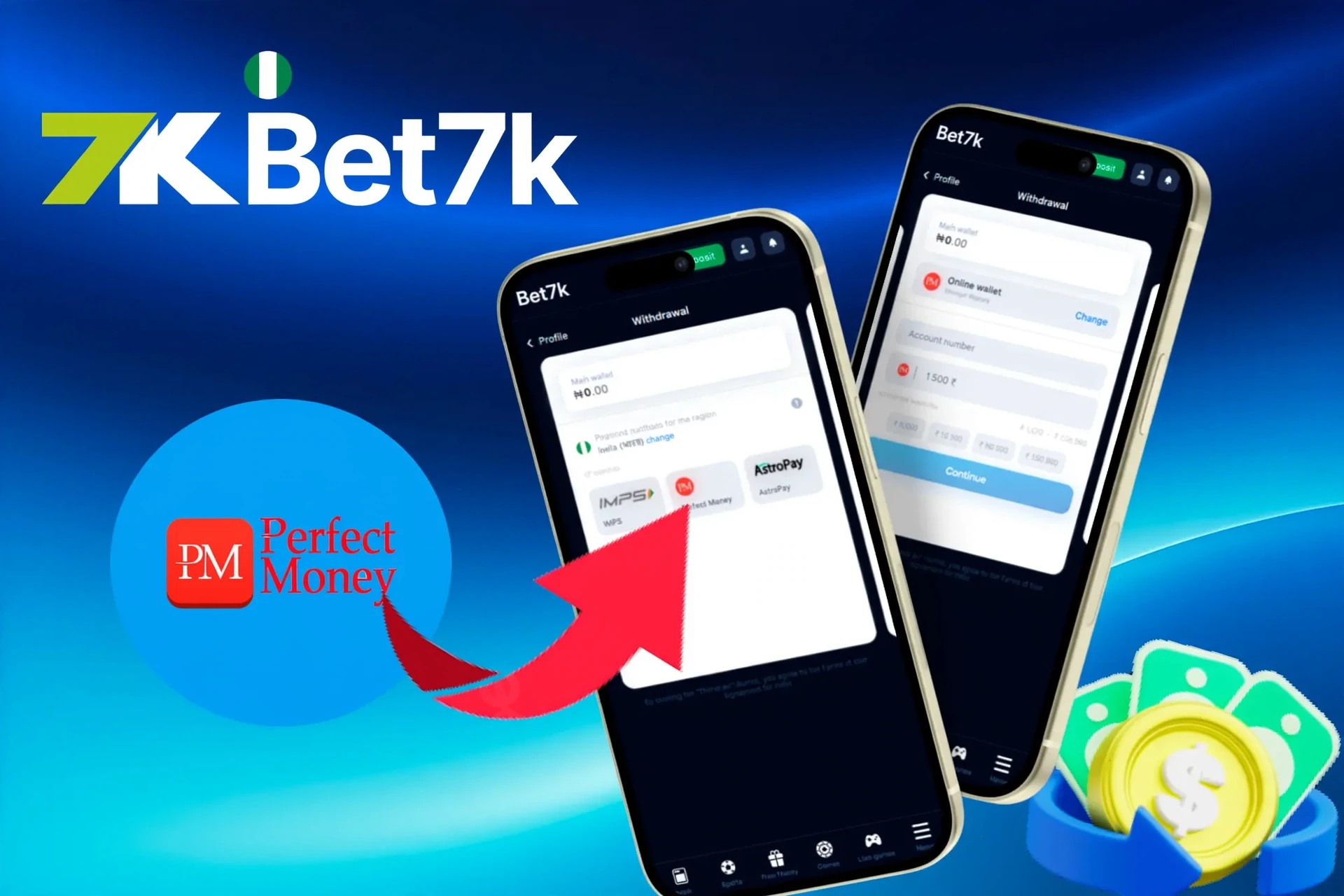 withdrawal options, featuring Perfect Money, AstroPay, and other wallet services, shown on a mobile interface