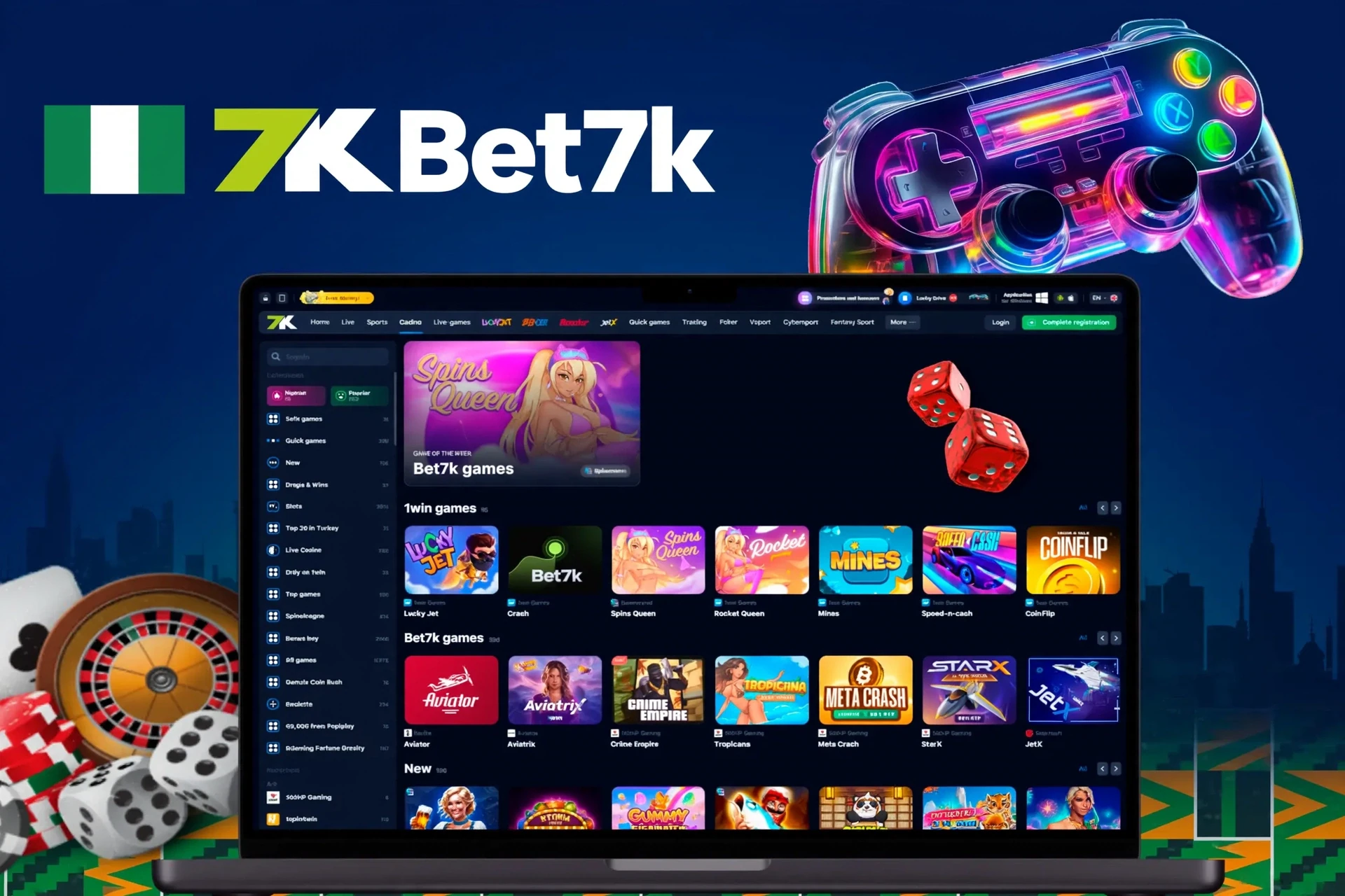 app interface showing a variety of games like Spins Queen, Crash, and Rocket Queen with a vibrant game controller icon