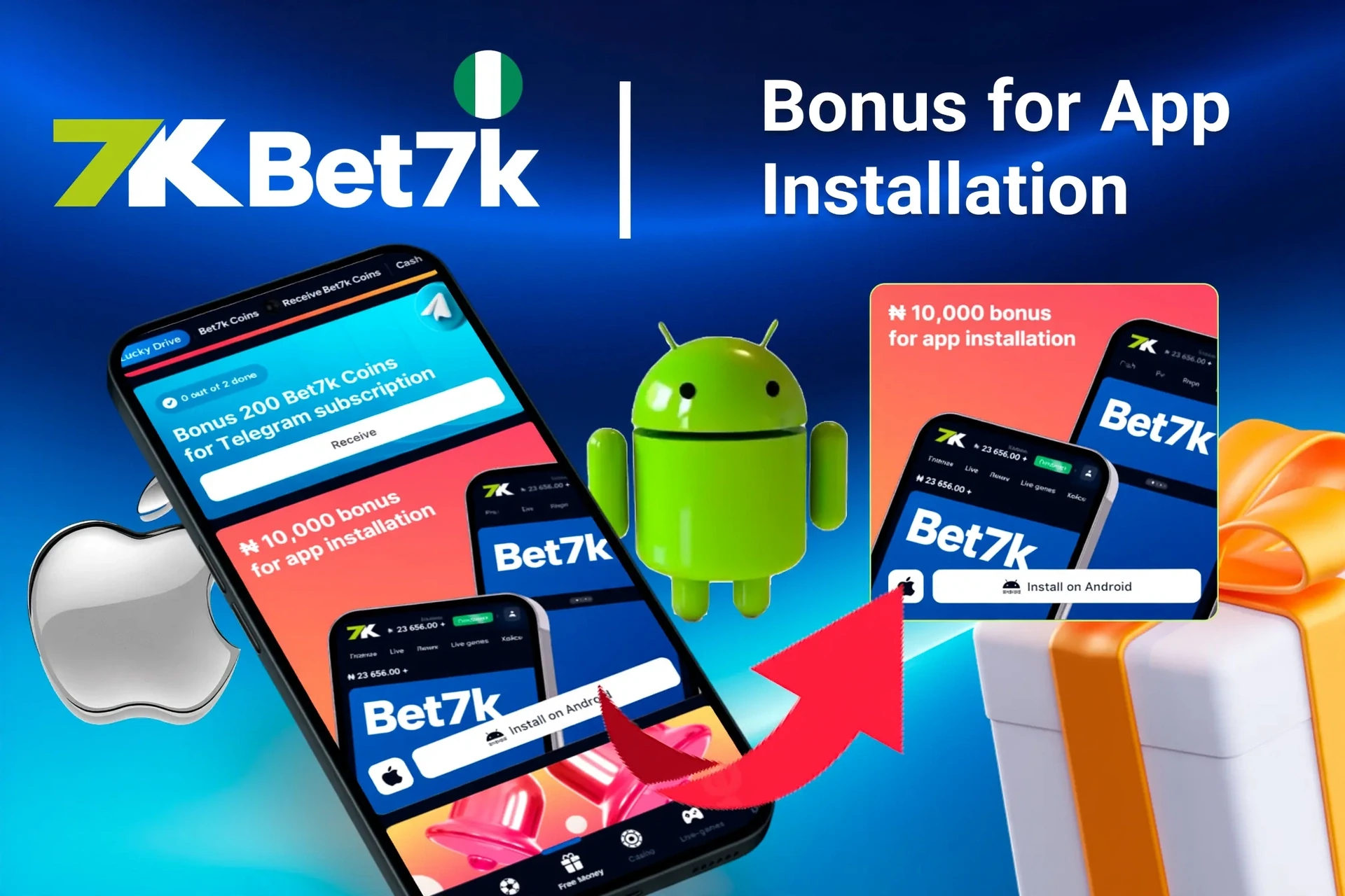 Bet7K bonus offer for app installation on mobile with Android and Apple logos, and gift boxes