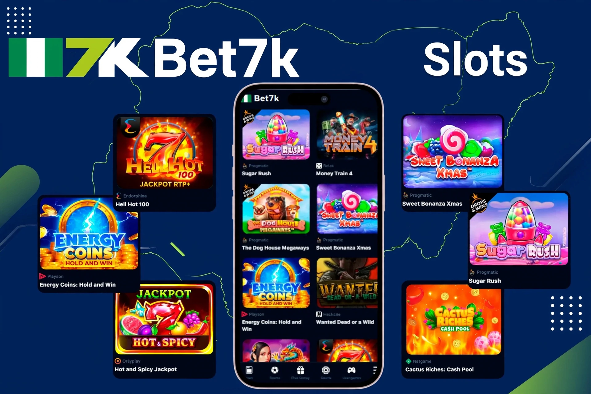 Slot titles such as Sugar Rush, Energy Coins, and Hell Hot 100 available on Bet7K for mobile and desktop