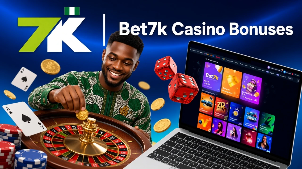 Laptop screen showing various Bet7K casino bonuses with roulette, dice, and poker chips