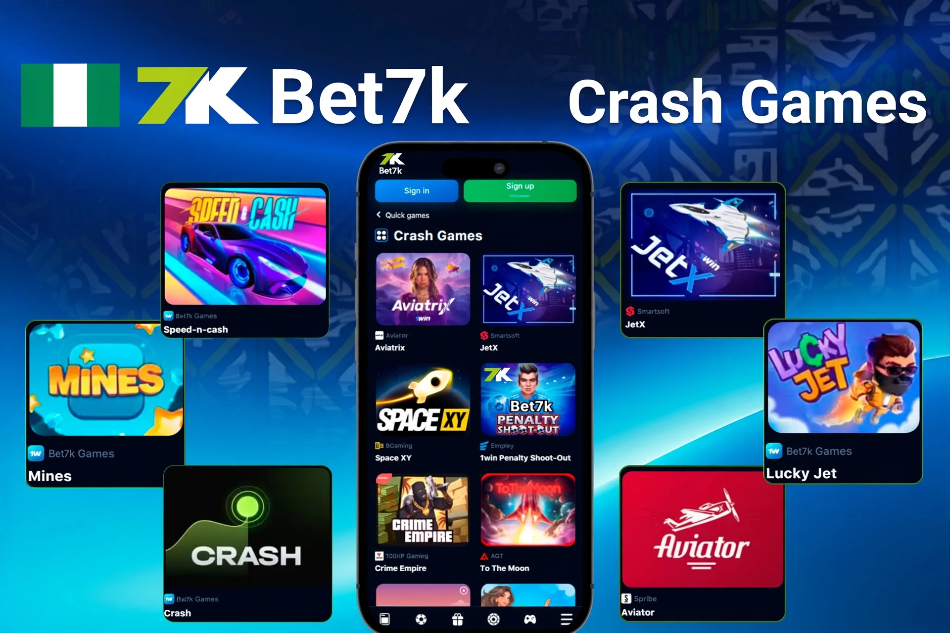 Crash titles like Mines, Speed-n-Cash, JetX, and Lucky Jet displayed on Bet7K mobile app